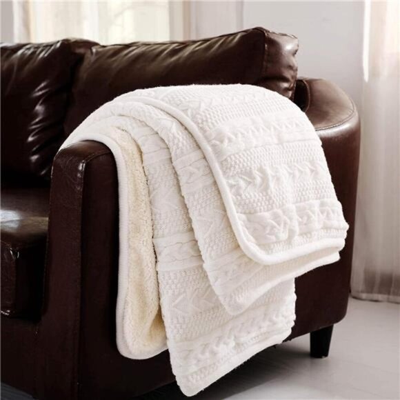 Acrylic White Cable Knit Sherpa Throw Blanket Thick, Soft, Big, Cozy Ivory White - Picture 4 of 7